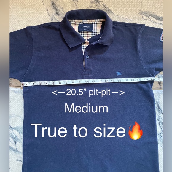 Mens BURBERRY Upscale Polo🐴Navy/ Nova Check Details & sleeve LOGO🔥20.5”p-p-MED - Picture 14 of 16